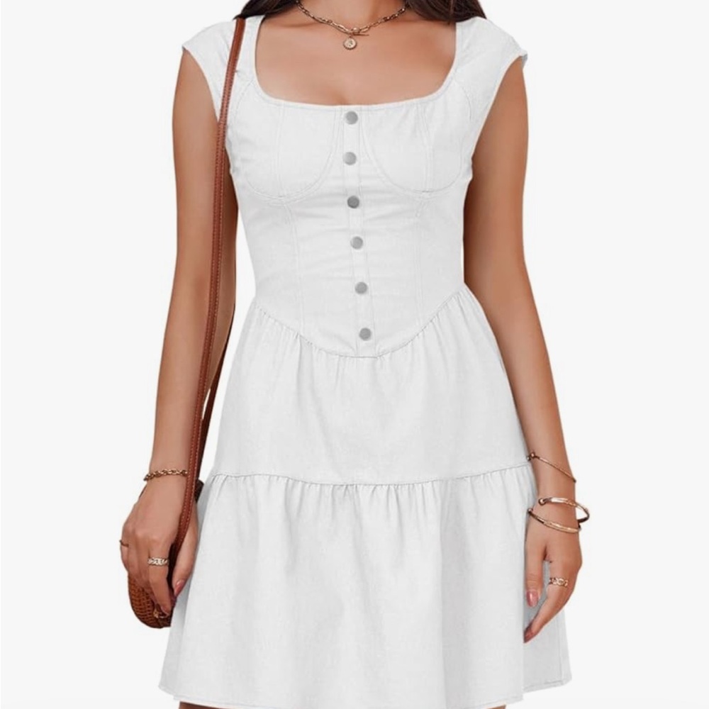 White - Wenrine Croset Mini Dress Tiered Square Neck Sleeveless Button